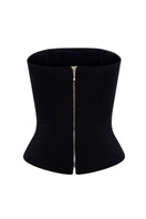 Black double corset top by BALYKINA, showing a fitted, structured design with lace-up front and supportive boning.