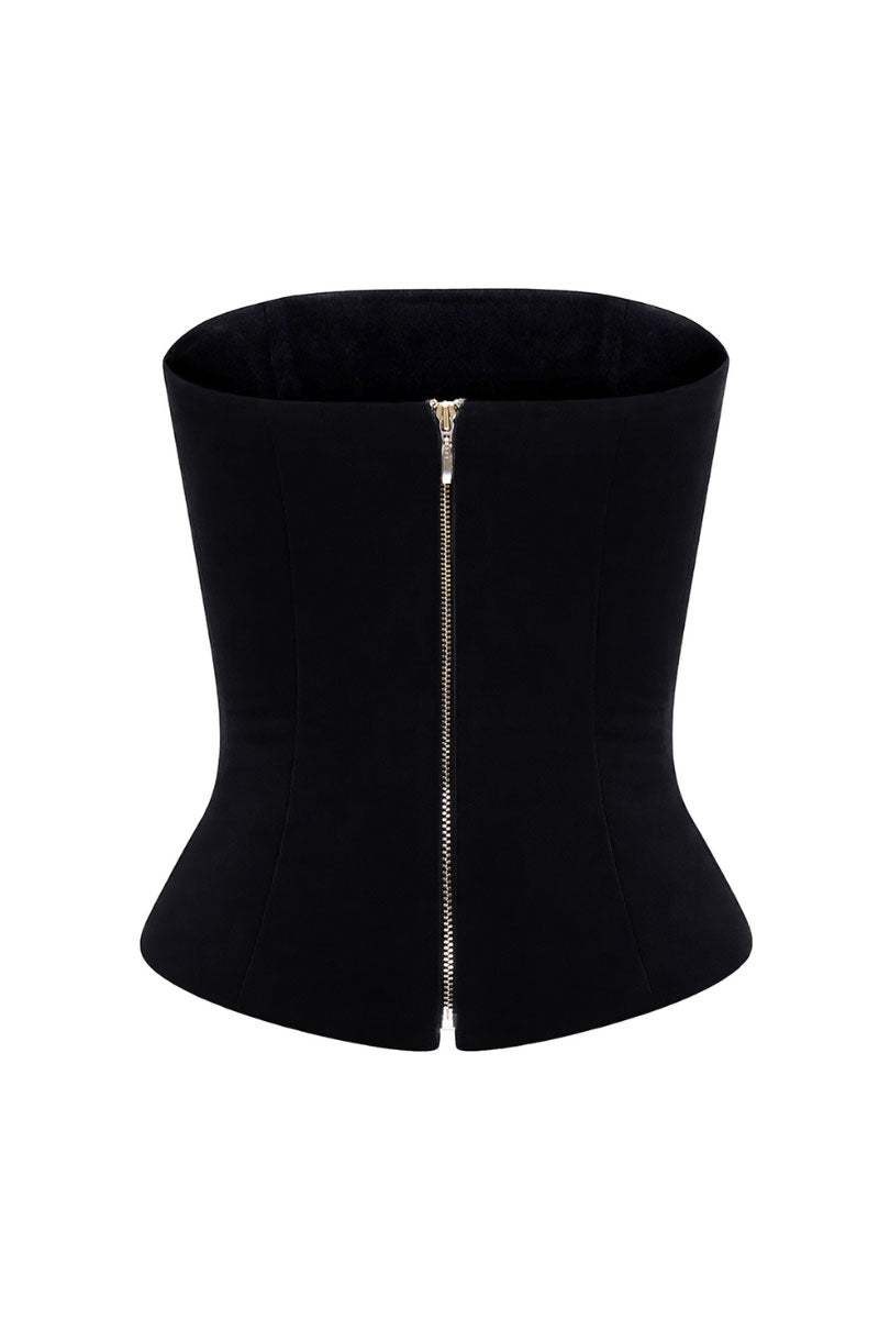 Black double corset top by BALYKINA, showing a fitted, structured design with lace-up front and supportive boning.