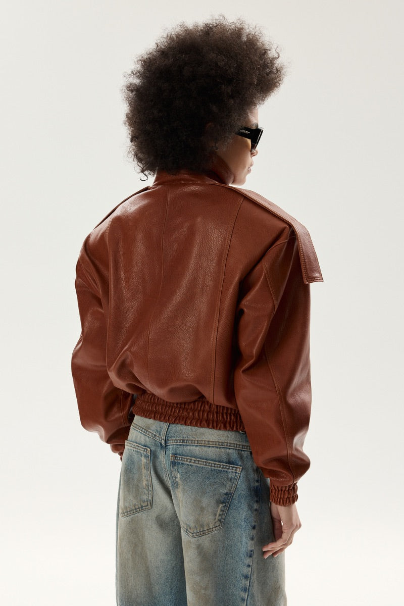 LARETAGGIO TIVOLI II leather bomber jacket in camel, featuring a stylish zip-up design and ribbed cuffs.
