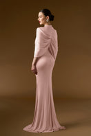 I.H.F Bonnie Shimmer Jersey Pink Gown displayed on a hanger with elegant drape and shimmering fabric.