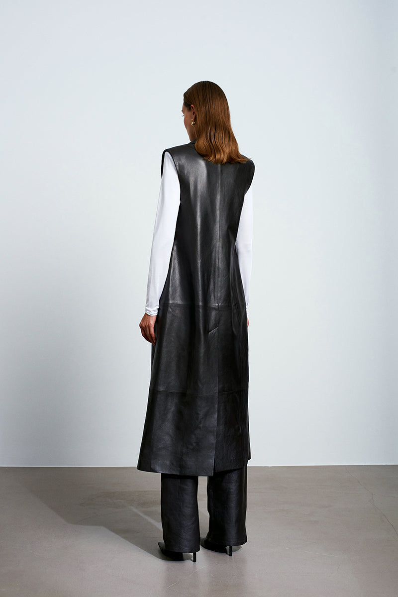 Brown Mercury leather vest by Acaria Studio, stylish sleeveless vest with leather texture and detailed stitching.