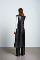 Brown Mercury leather vest by Acaria Studio, stylish sleeveless vest with leather texture and detailed stitching.