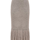 Gray Liya midi skirt with stylish fringes, featuring a flowy design and ankle-length hem for a chic, bohemian look.