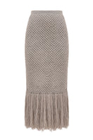 Gray Liya midi skirt with stylish fringes, featuring a flowy design and ankle-length hem for a chic, bohemian look.