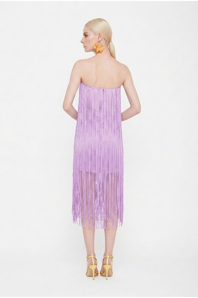 Valenciani lilac all-over fringe midi dress featuring flowing fabric and a stylish, bohemian-inspired design.