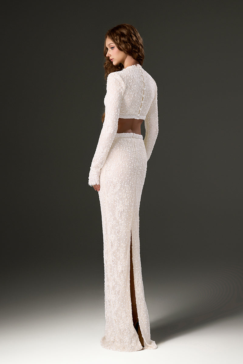 White sequin mesh lace co-ord set by I.H.F Studio featuring a stylish top and matching skirt with intricate lace details.