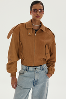 Laretaggio Tivoli Crock Leather Jacket shown in brown with a classic design and stitched detailing, displayed on a hanger.