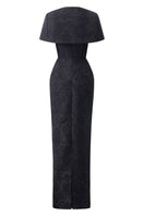 I.H.F black bustier gown with attached mini cape, elegant evening dress featuring fitted bodice and stylish cape detail.