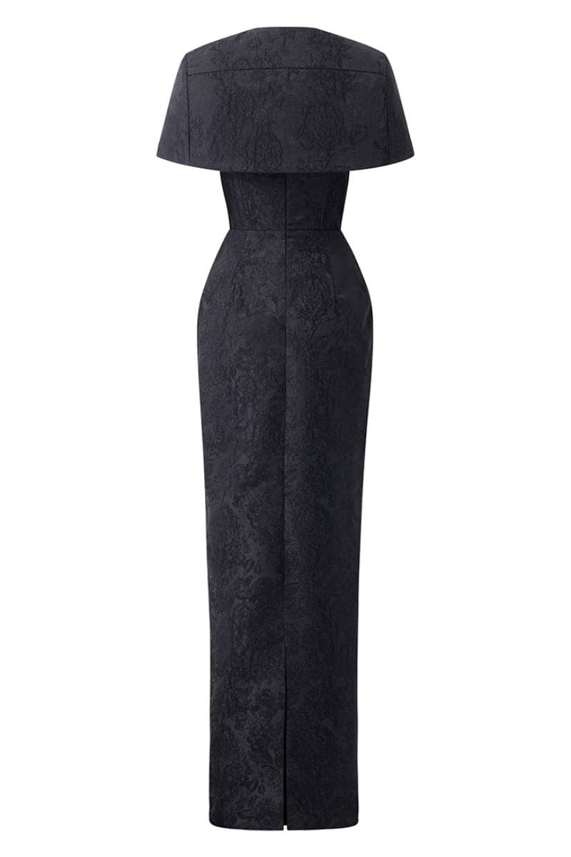 I.H.F black bustier gown with attached mini cape, elegant evening dress featuring fitted bodice and stylish cape detail.