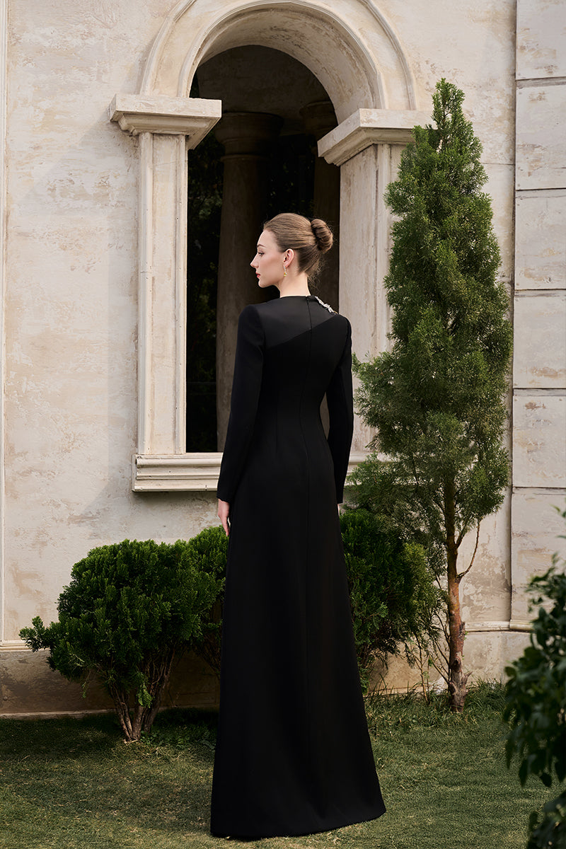 VELVET SATIN HIGH NECK GOWN IN BLACK | CULT MIA