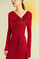 Red Twinkle Knit Maxi Dress by EEGEN STUDIO featuring a long, fitted silhouette with twinkling knit details.