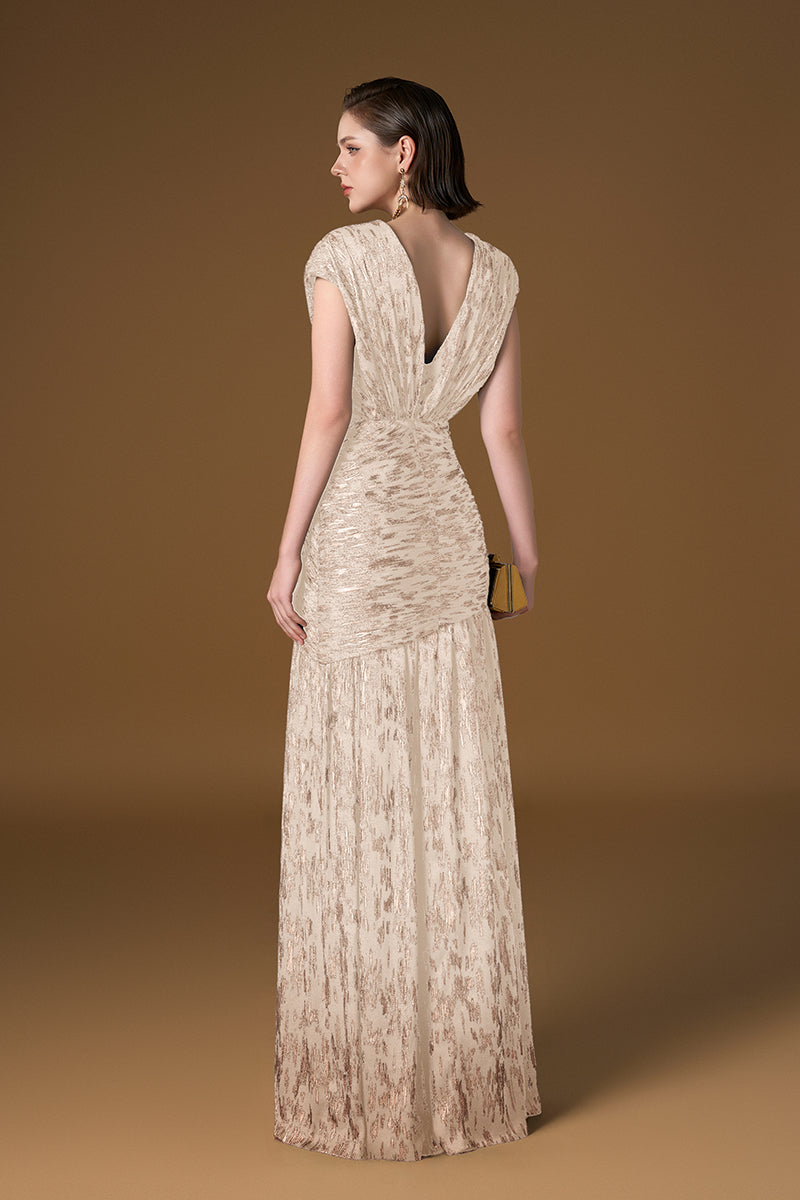 METALLIC STRIPED CHIFFON MAXI DRESS IN BEIGE | CULT MIA | I.H.F METALLIC STRIPED CHIFFON MAXI DRESS IN BEIGE | CULT MIA | I.H.F