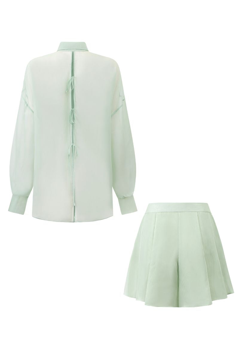 MELITA MINT SILK PLEATED SHIRT AND SHORTS SET - CULT MIA