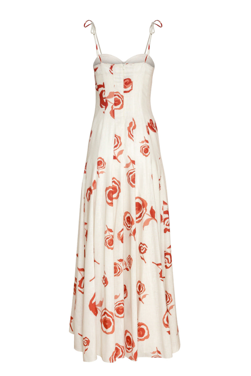 Estefania Rosetta Maxi Dress featuring a flowing fabric, V-neckline, and elegant ankle-length design in a vibrant pattern.