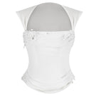 Off-white lace corset top from Stolen Stores with draped design, featuring intricate lace details and a fitted silhouette.