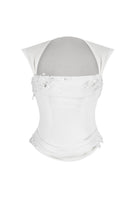 Off-white lace corset top from Stolen Stores with draped design, featuring intricate lace details and a fitted silhouette.