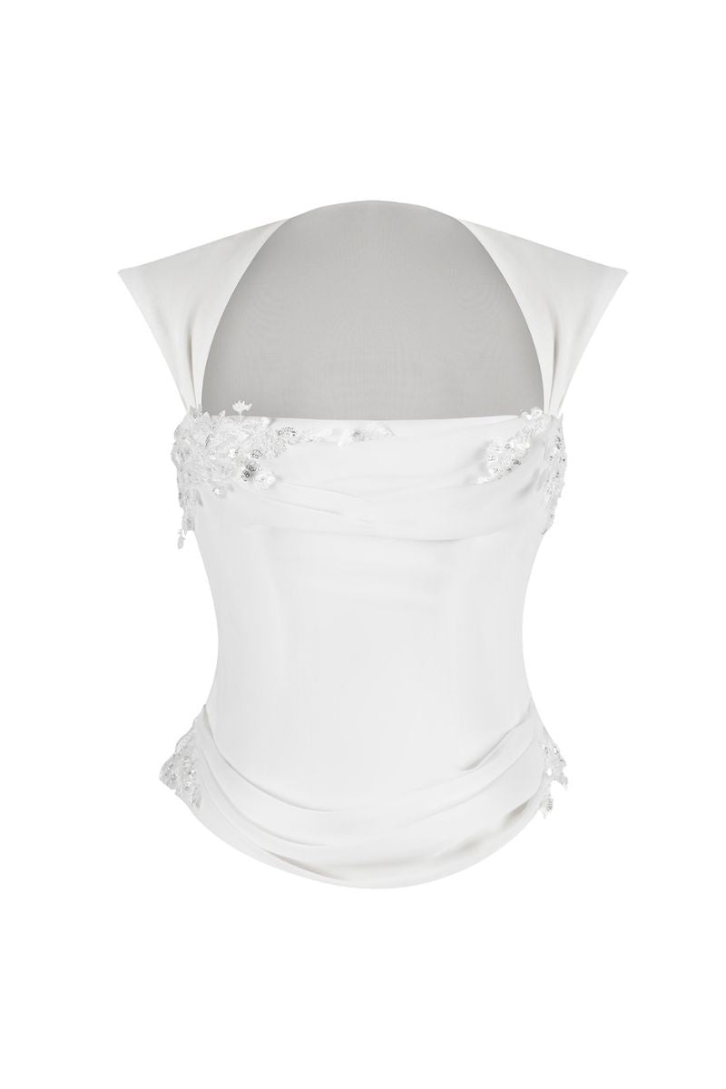 Off-white lace corset top from Stolen Stores with draped design, featuring intricate lace details and a fitted silhouette.