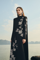 Lune De Soie velvet satin gown with long back flap, elegant evening dress with luxurious fabric and flowing design.