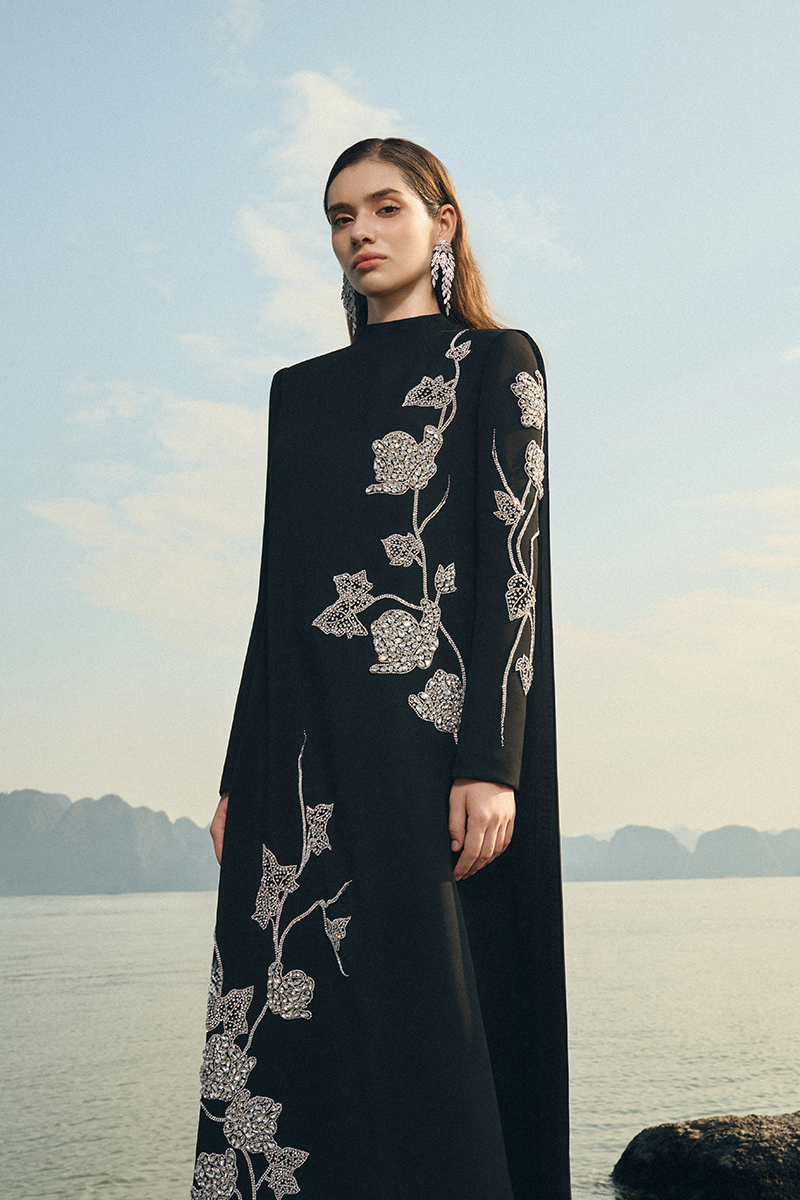Lune De Soie velvet satin gown with long back flap, elegant evening dress with luxurious fabric and flowing design.