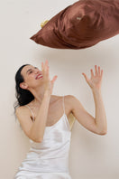 Brown Tuscan Rose silk pillowcase from Not Just Pajama, showcasing smooth, luxurious fabric and elegant homeware design.