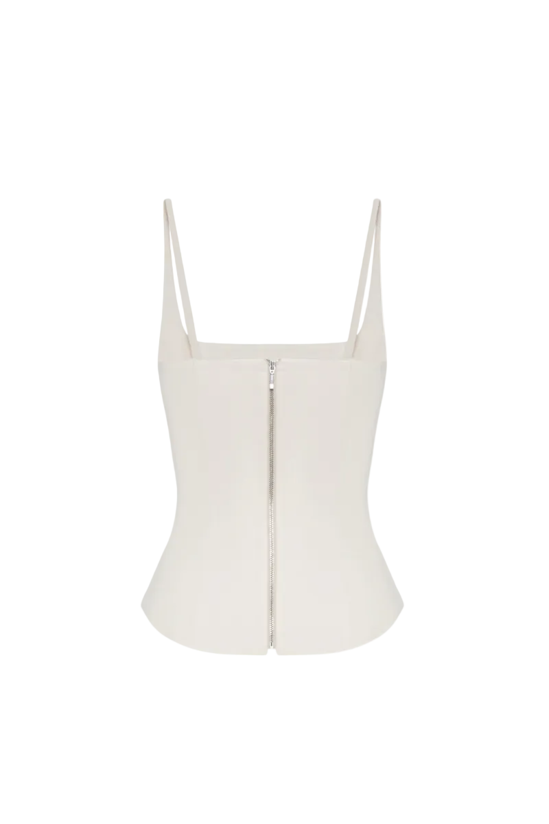 Beige matte silk corset top with straps by BALYKINA, featuring a fitted design and smooth, luxurious fabric.