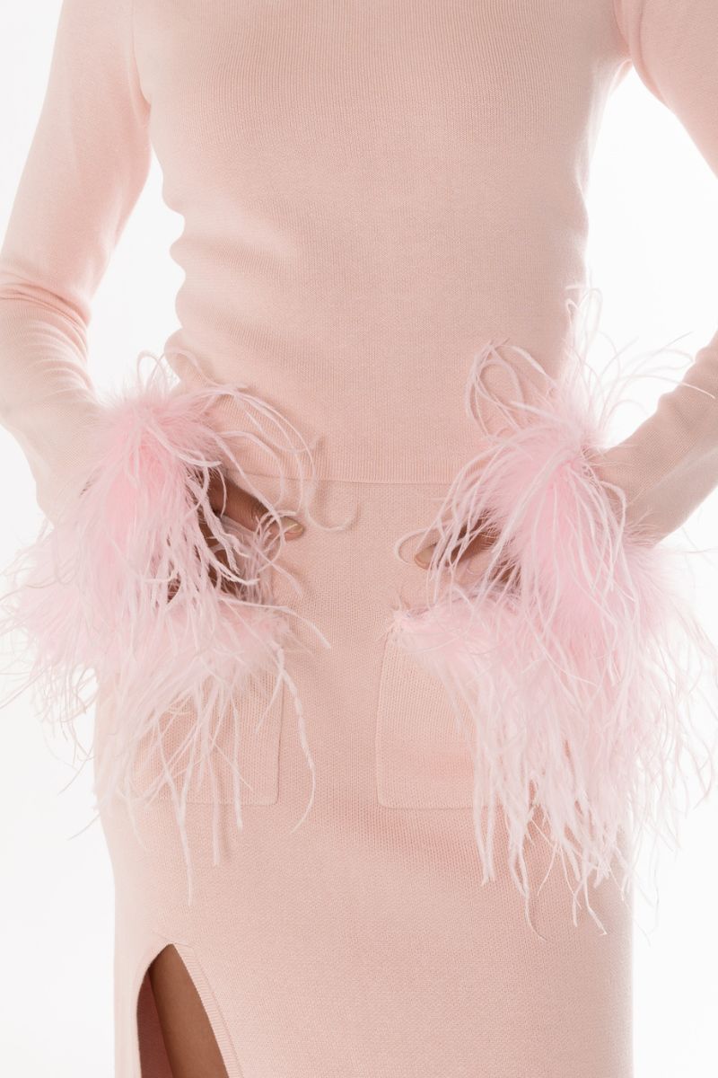 PINK VANILLA KNIT TOP WITH DETACHABLE FEATHER CUFFS - CULT MIA