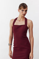 Nazlı Ceren Margaux crepe midi dress in Bordeaux color, shown on a model with elegant design and flowing fabric.