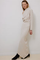 Ecru one-shoulder midi dress by TAGG, stylish maxi dress with elegant drape and fitted waist, perfect for chic occasions.