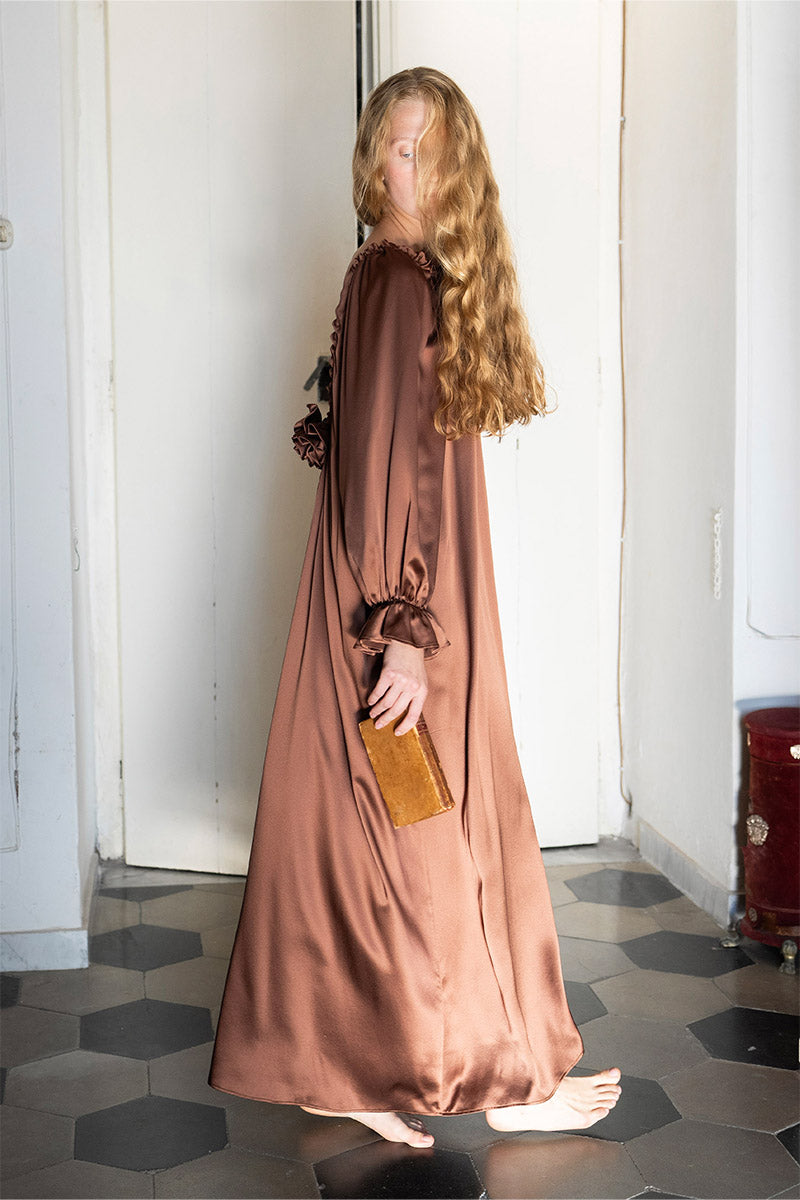 SILK CUSTOM GOWN ROBE IN BROWN - CULT MIA