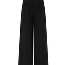 Black Valenciani wide leg trousers displayed on a hanger with a relaxed fit and high waist.