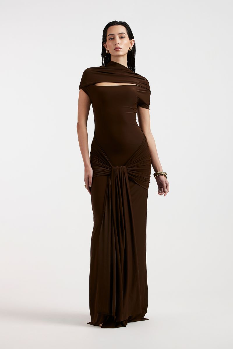 ZELIE BROWN JERSEY MAXI DRESS - CULT MIA