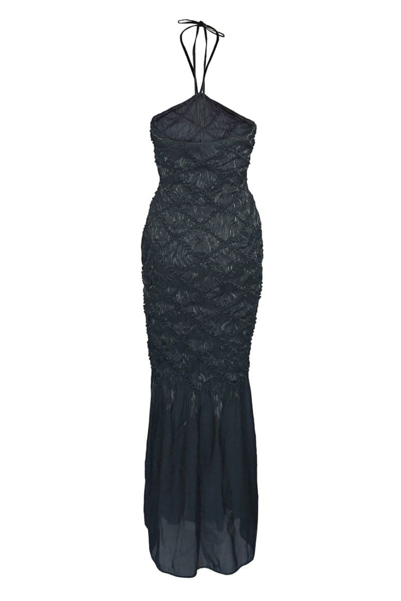 SOFIA BLACK HALTER NECK SHIBORI FITTED MAXI DRESS - CULT MIA