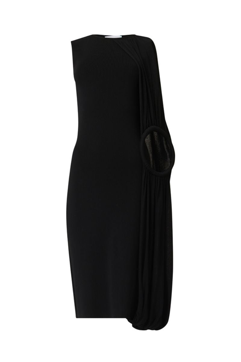 ASYMMETRIC SHOULDER HOOP KNIT DRESS IN BLACK - CULT MIA