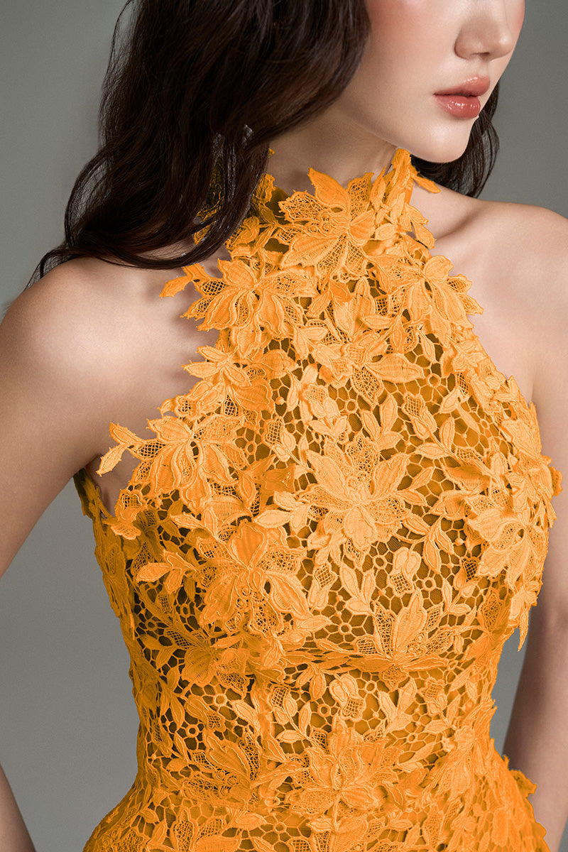 I.H.F Studio CULT MIA X floral vine orange lace maxi dress with intricate lace details and flowing silhouette.