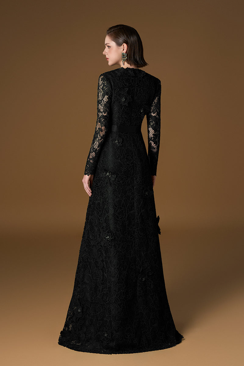 Black V-neck A-line lace gown with long sleeves by I.H.F, featuring intricate lace details and a flowing silhouette.