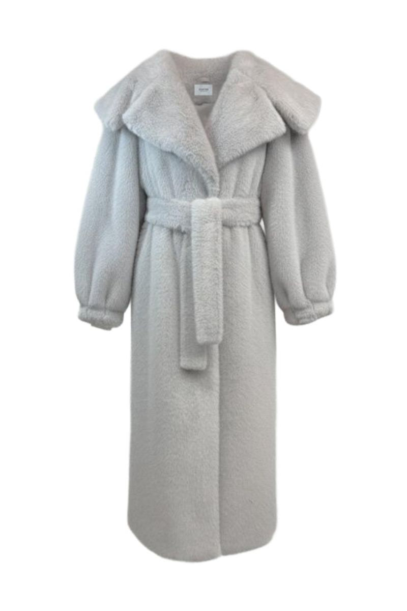 Gray faux fur coat from Fortini, featuring a plush texture and stylish design, perfect for cold weather wear.