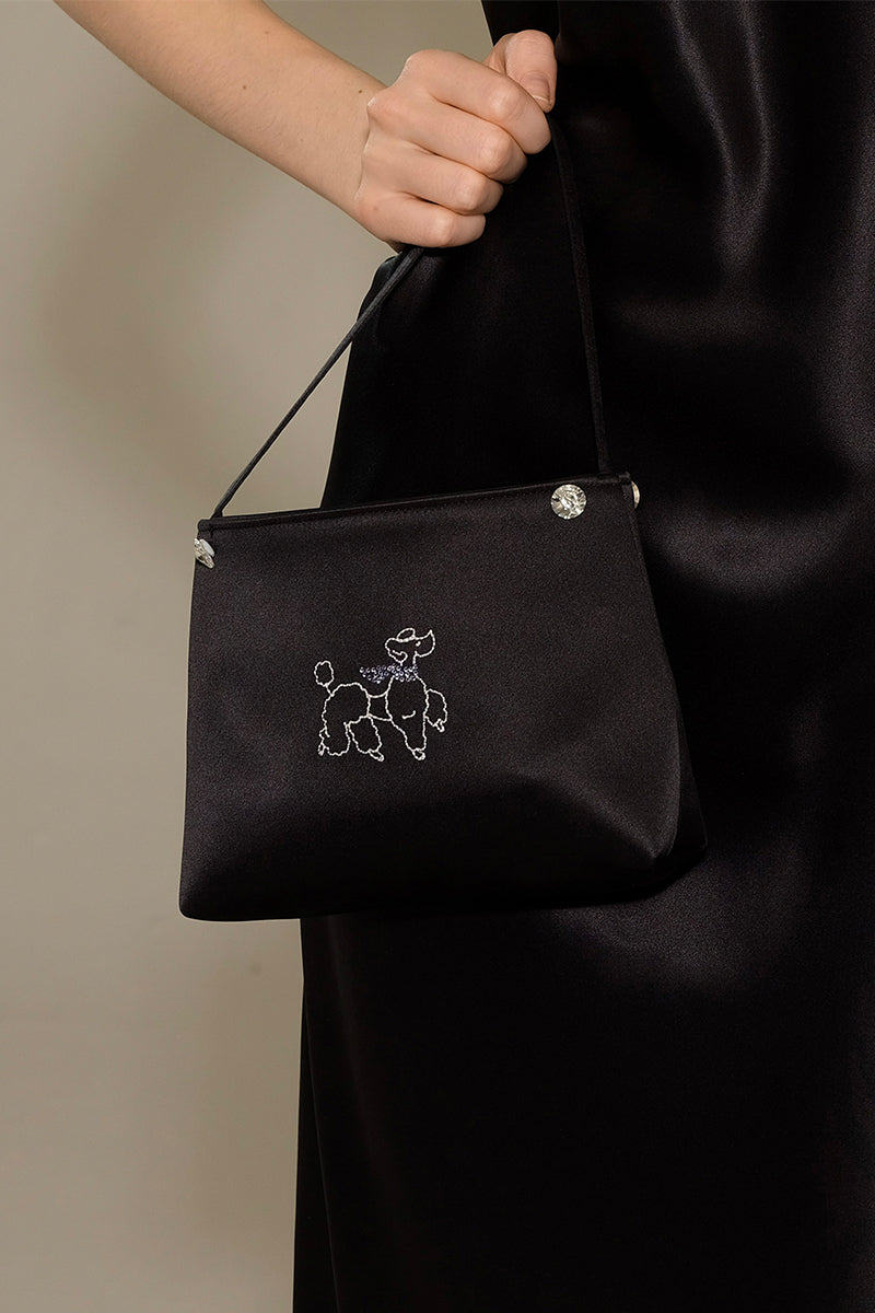 DIAMOND POODLES SILK HANDBAG IN BLACK - CULT MIA