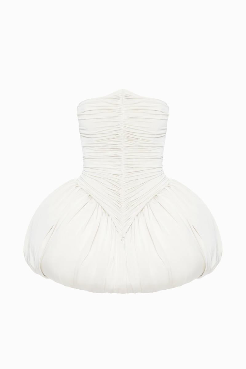 BalYKINA Clara ivory mini dress displayed on a model, featuring a fitted silhouette and elegant design for stylish occasions.