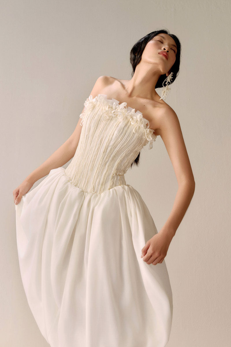 Petite floral embroidered ivory midi gown by Lecia with delicate embroidery and a flowing silhouette.