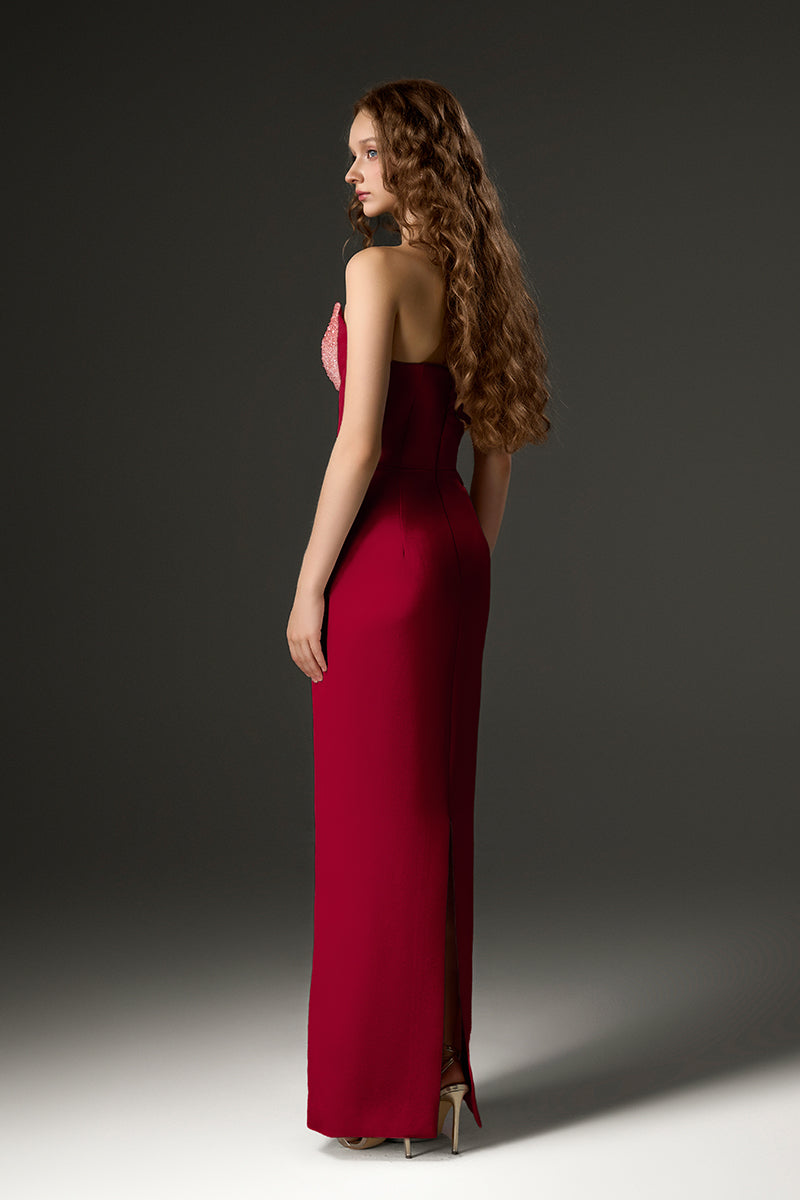 LOTUS TAFFETA BUSTIER COLUMN DRESS IN RED - CULT MIA