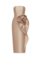 HACCHIC COUTURE Rosie Gold Pencil Midi Dress displayed on a mannequin, featuring a sleek fitted silhouette and elegant gold color.