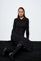 Black Acaria Studio scuba dress with rhinestones, stylish maxi dress featuring shimmering embellishments and a fitted silhouette.
