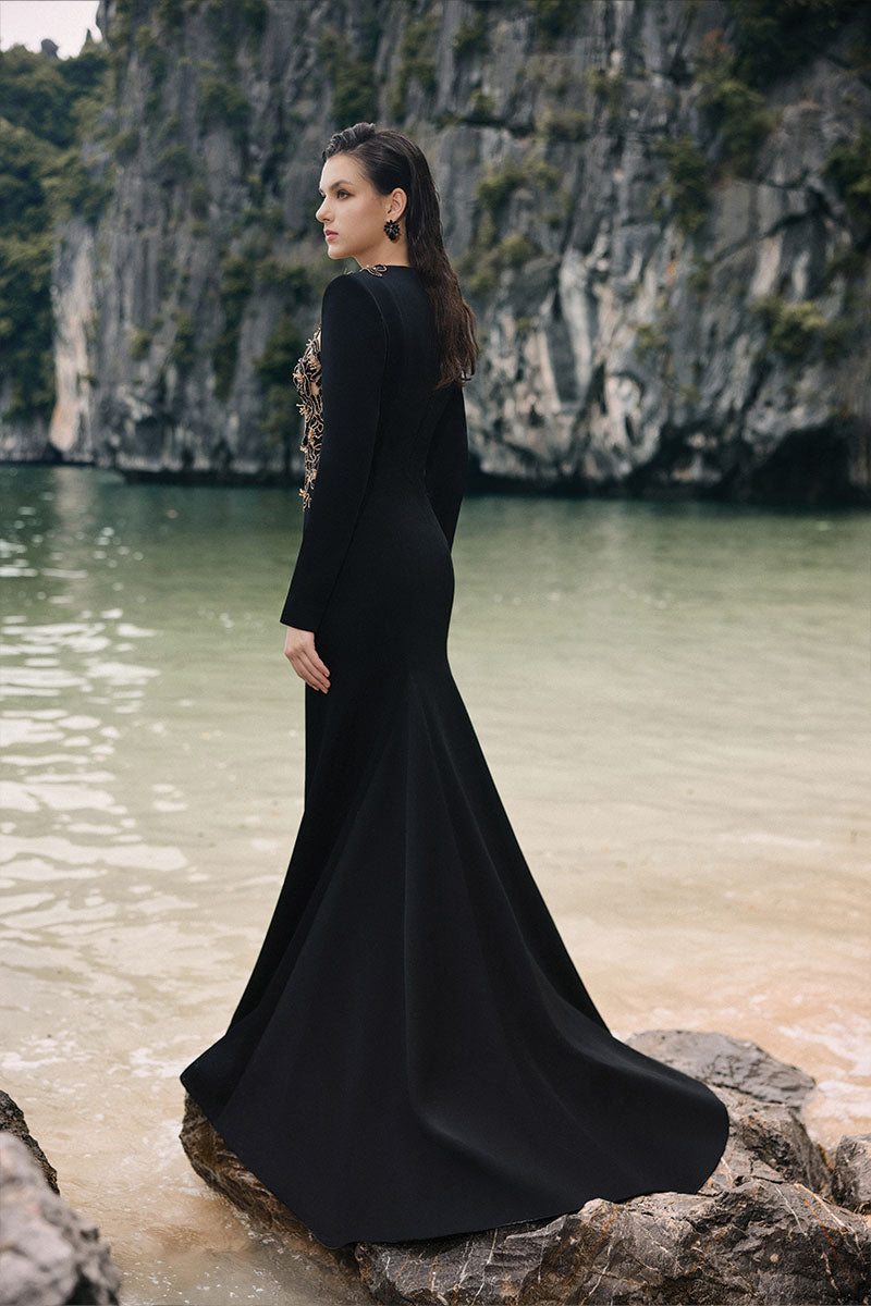 VELVET SATIN FLORAL EMBELLISHED DRESS IN BLACK - CULT MIA