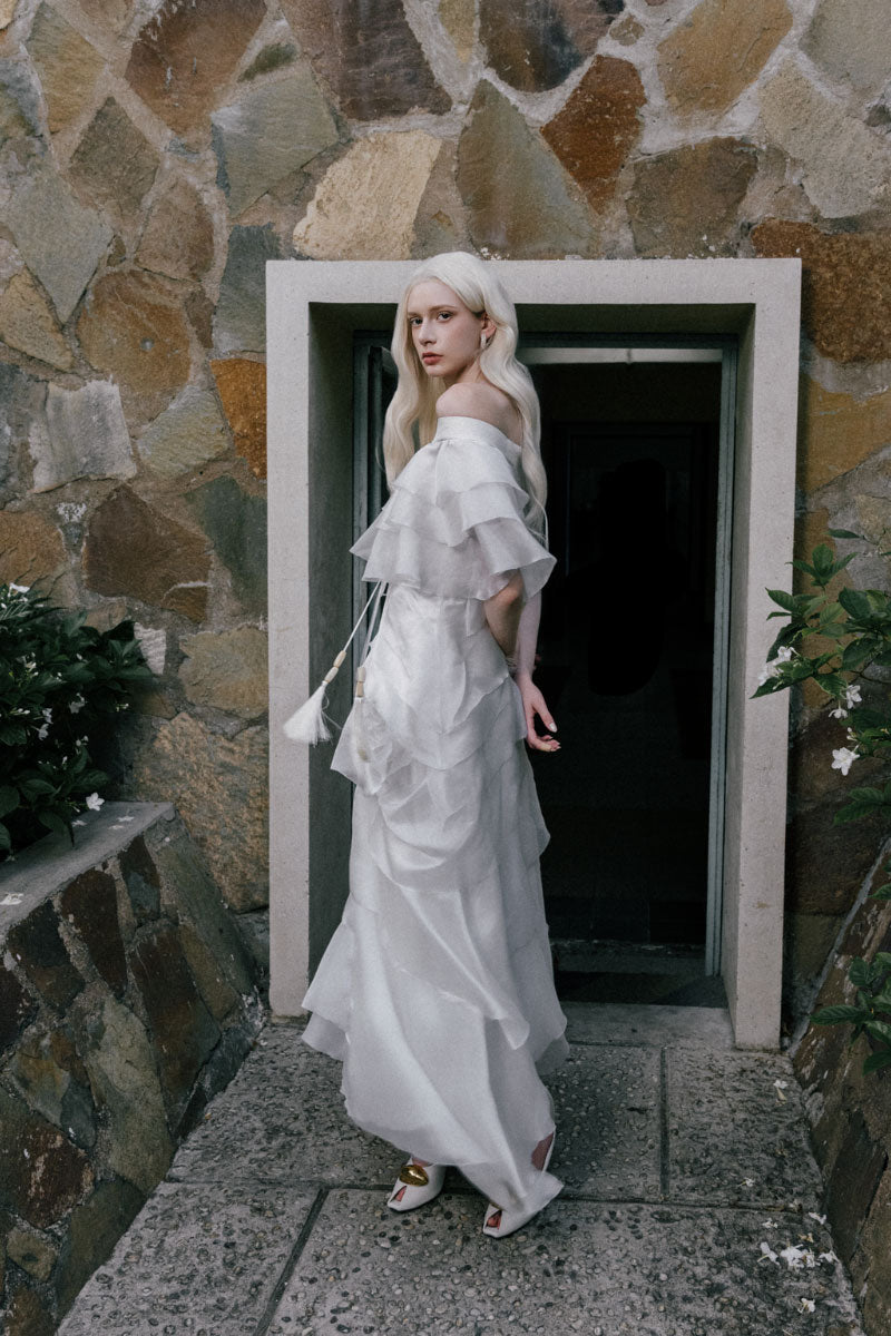 White Plan Thomas maxi dress featuring a flowing design and elegant neckline, perfect for casual or formal summer occasions.