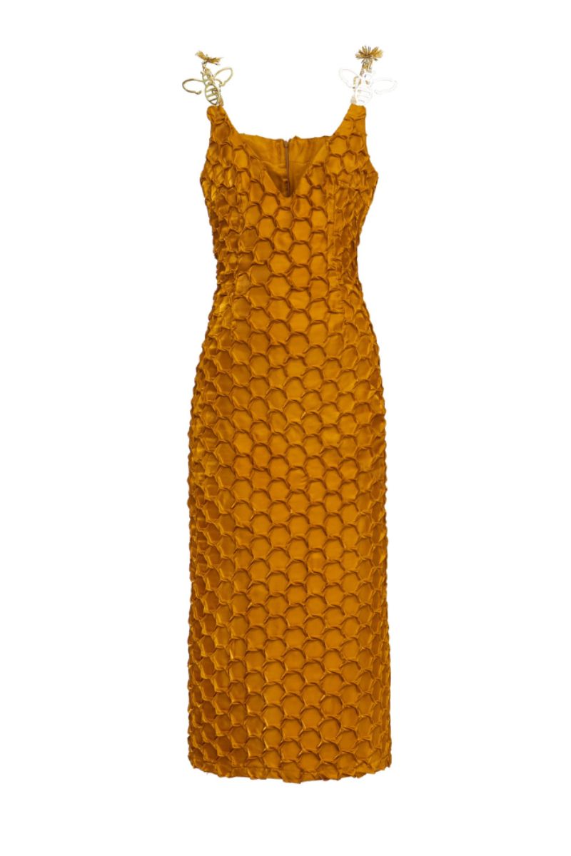 Onalaja Asha midi dress in gold, stylish sleeveless midi dress with elegant design, perfect for special occasions