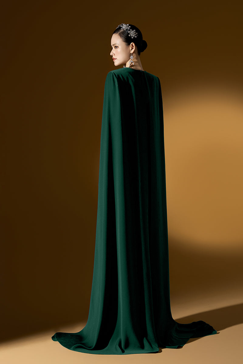 Elegant black Mica Crepe Cape Gown by I.H.F with flowing fabric and stylish design, perfect for formal occasions.