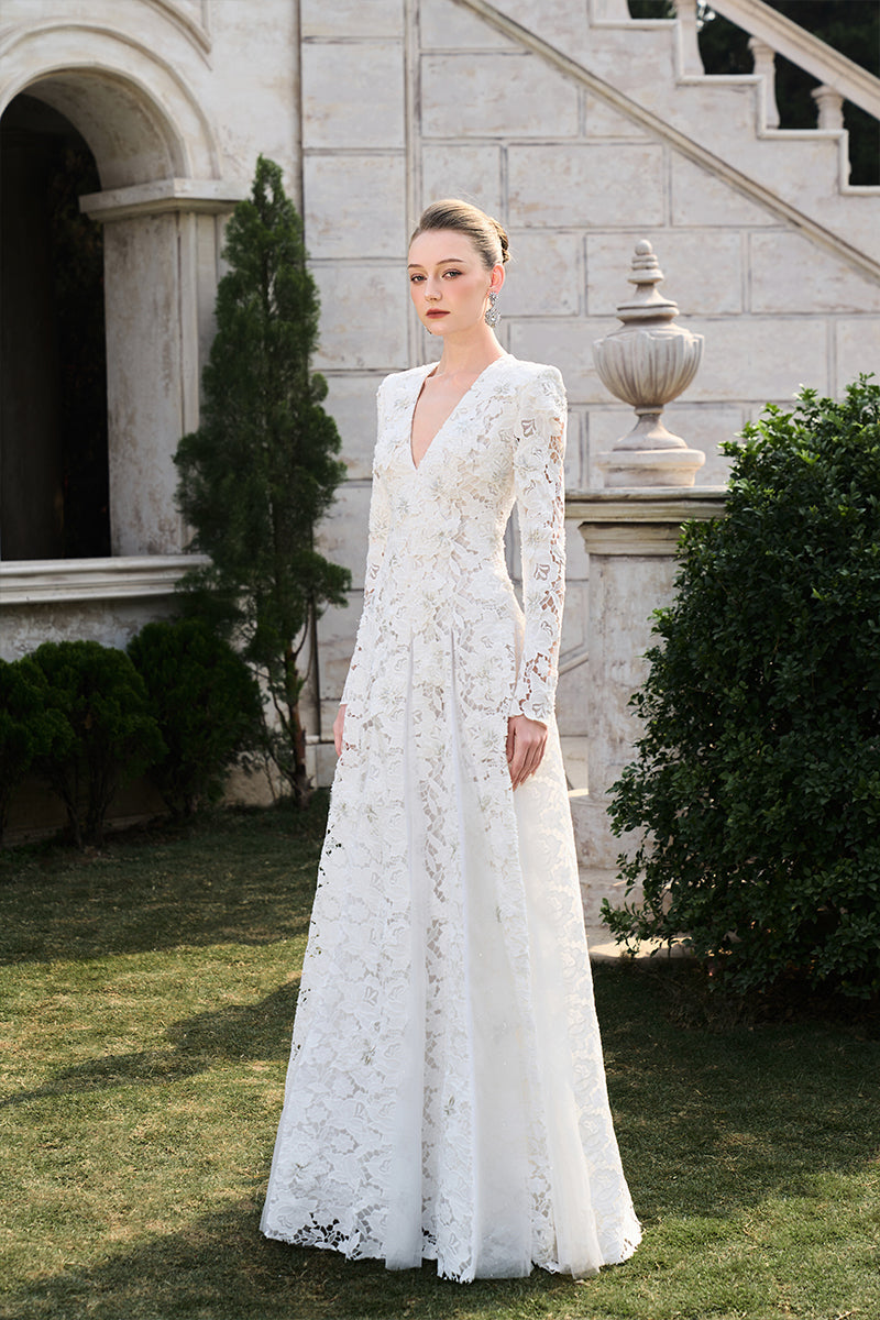 intricate lace dresses Intricate Lace Wedding Gown with Deep V Neckline and Flowing Train JB43894