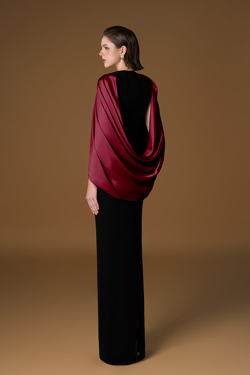 SHIMMER SATIN SILK LINED DRESS IN BLACK AND BORDEAUX SHIMMER SATIN SILK LINED DRESS IN BLACK AND BORDEAUX