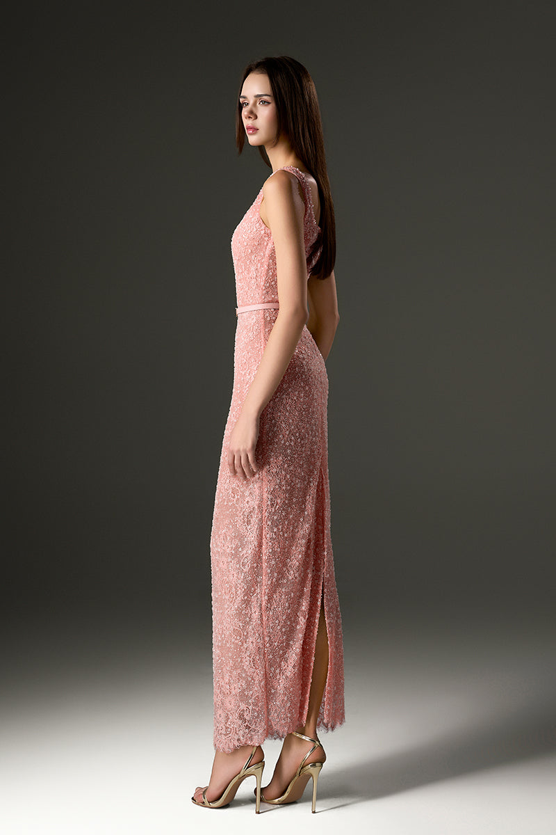 SQUARE NECK MESH LACE MIDI DRESS IN PINK - CULT MIA