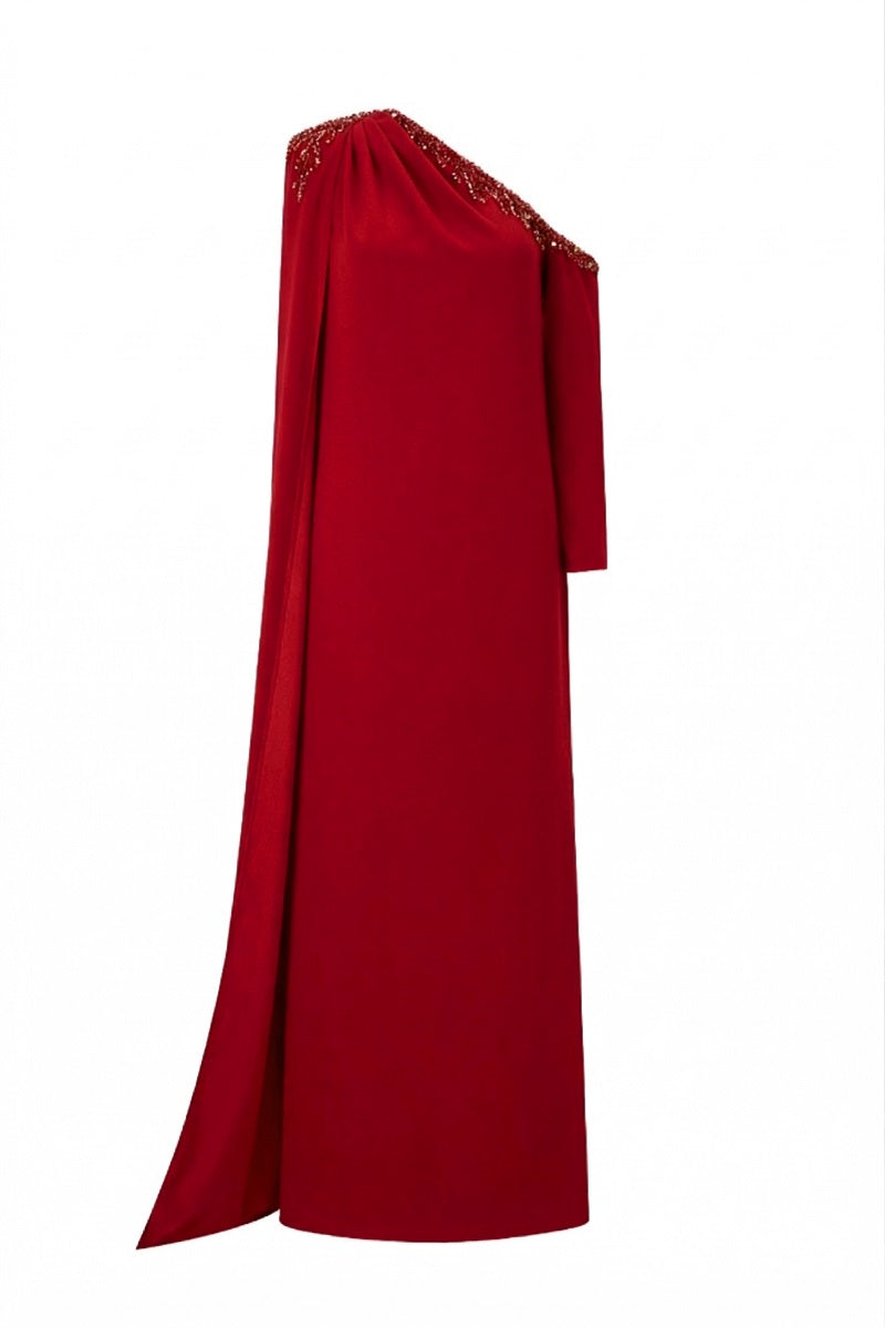 Red LINNEA crepe gown by 21Six featuring a flowy silhouette and elegant design, shown in a full-length view.